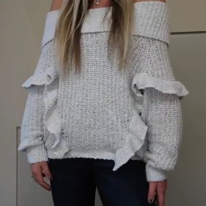 Express grey knit ruffle off the shoulder sweater